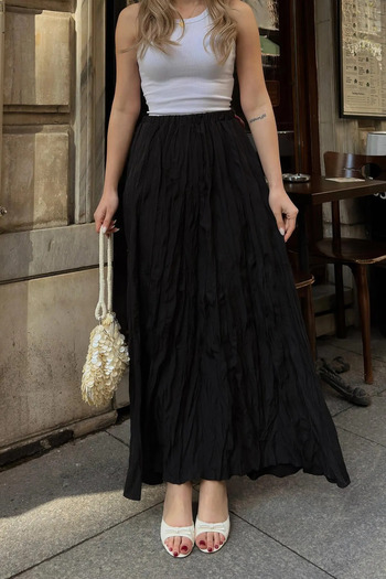 Cochines Women's Black Crinkled Pleated Long Gather Detailed Maxi Skirt Crush Flared Effect Long Skirt