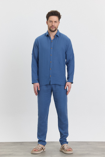 Heaven Ephesus Set - Muslin Navy Blue Trousers and Collared Long Sleeve Shirt Set - 4030-5040
