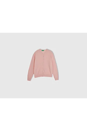 United Colors of Benetton Women's Dusty Pink Crew Neck Merino Cardigan