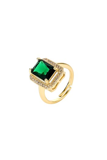 Tessera Women's ring with green crystal Sapphire effect, zirconium stones, 18k gold-plated, adjustable, Tess