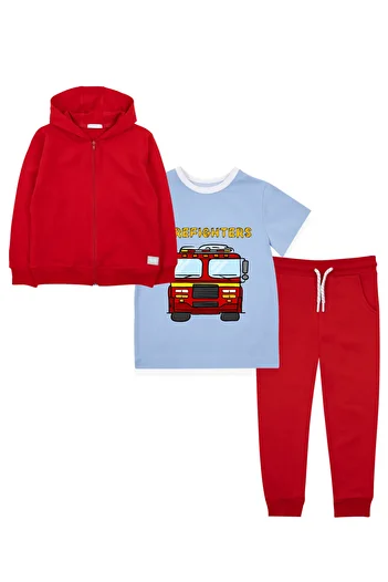 Mavipink Boy's Cotton Fire Truck Printed 3-Piece Tracksuit Set