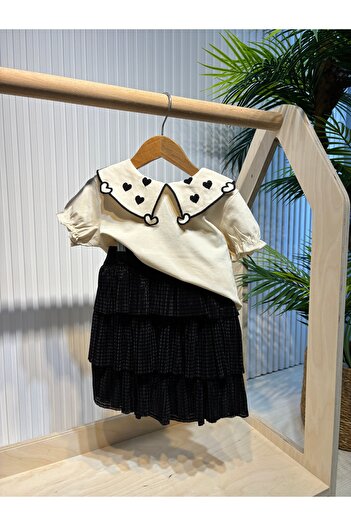 Canbi Kids Girl's Heart Embroidered Baby Collar T-Shirt Black Ruffled Skirt 2-Piece Set