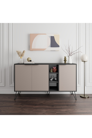 Mourah Home Clara Console – Modern 3-Door Sideboard with Elevated Legs, Open Storage for Living, Dining, Kitchen