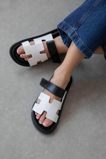 STRASWANS Papuci de damă Palmeira din piele cu bandă velcro, alb-negru