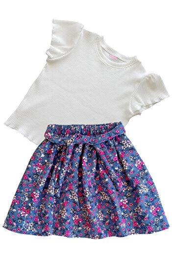 MODA59 Girl's Skirt Suit, Skirt T-Shirt Suit, Floral Skirt Twill Ecru T-Shirt