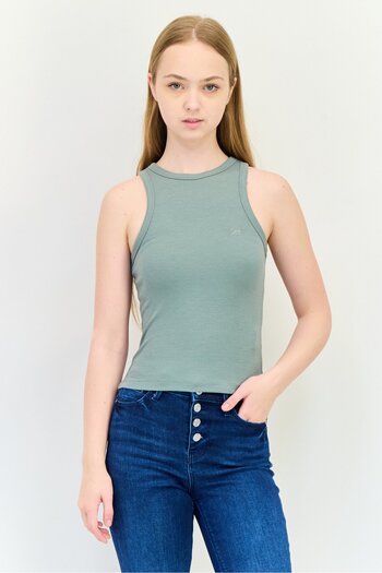 Lee Women Crew Neck Sleeveless Embroidered Logo Tank Top, Khaki