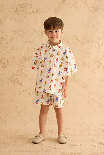 Fahhar Kids Zigzag Zoo Shirt Suit Ecru