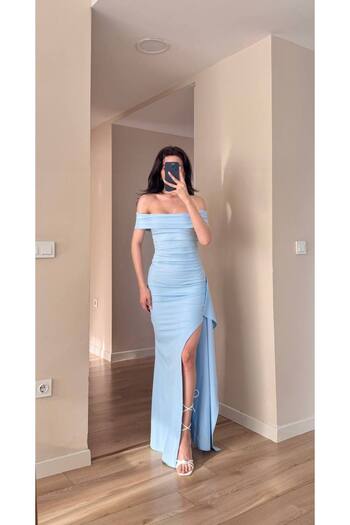 LOCH BUTİK Rochie midi pliată cu decolteu albastru pentru femei