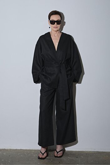 Suud Collection Black 100% Linen Eleni Culotte Trousers