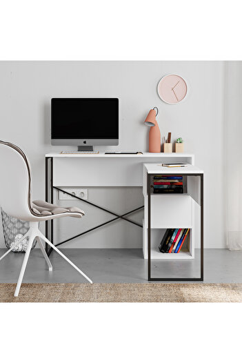 Mourah Home Badau L-Shaped Rotating Desk with Storage, Bookshelf & Shelves – Modern Industrial Work Table
