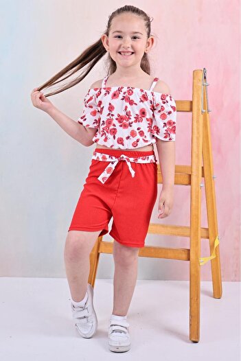 TRENDİMİZBİR Shoulder Open Floral Patterned Girl's Summer 2-Piece Set – Red