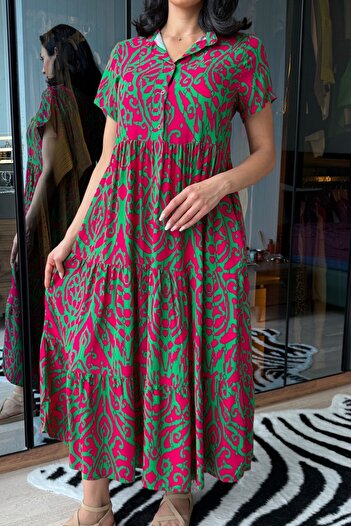 Ded COLLECTION Women's Dominant Collar Short Sleeve Buttoned Relaxed Cut Ethnic Patterned Flounced Long Summer Dress