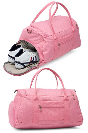 Trendsbag Travel Store Pink Crinkle Fabric Sports and Travel Bag with Shoe Compartment 0818 Front Pocket Waterproof Shoulder Strap