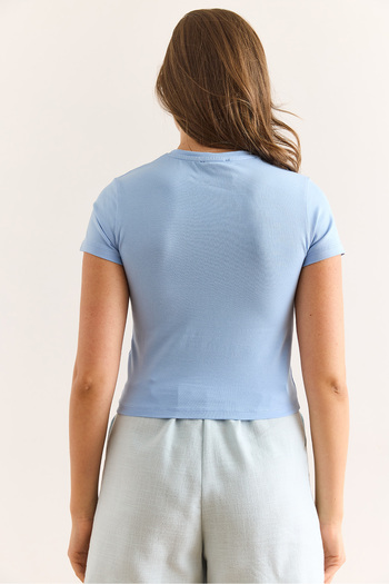 Olalook Tricou de damă din bumbac lycra cu broderie inimă albastră TSH-19000918