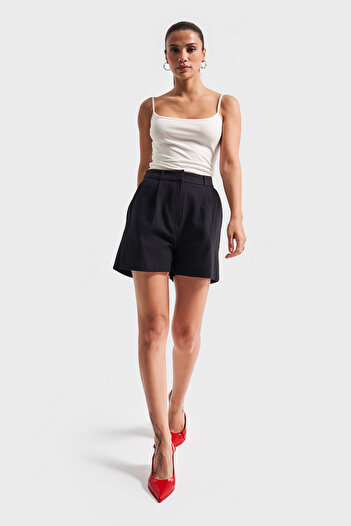 its basic Γυναικείο μαύρο s5-1 Casual Cut Midi μπροστινό πλισέ Mom Fit λινό υφασμάτινο σορτς
