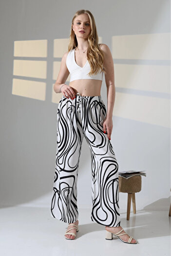 hazelin Women's White Patterned Elastic Waist Pocketless Loose Cut Viscose Trousers Hzl25S-Dsb17771