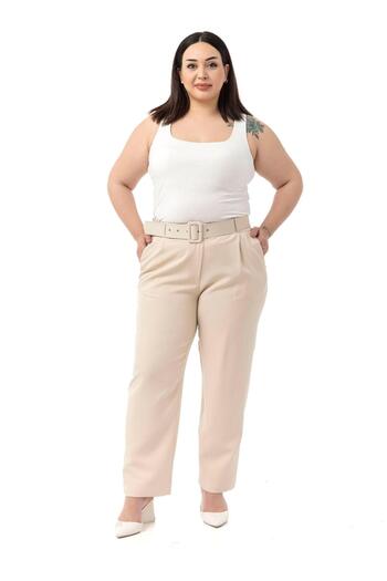 DISENTIS MODEST Plus Size Beige Trousers with Pleated Front Pockets and Belt