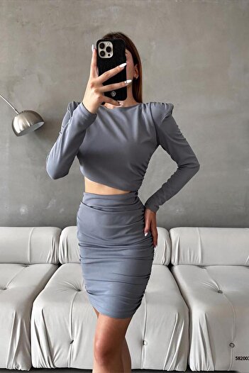 Deafox Gray Low-Cut Long Sleeve Padded Imported Crepe Fabric Dress