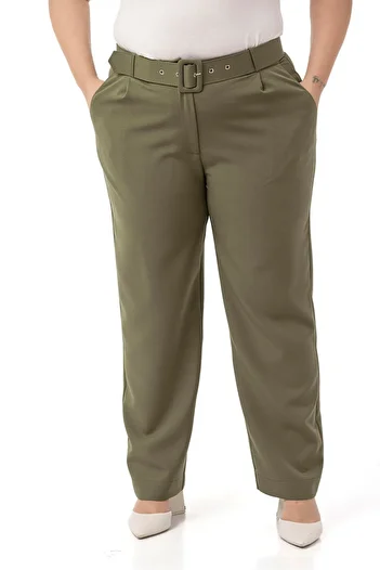 DISENTIS MODEST Plus Size Khaki Trousers with Pleated Front Pockets and Belt