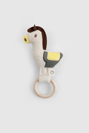 Little Gusto Ahşap Saplı Diş Kaşıyıcı ve Bej Çıngırak Tay