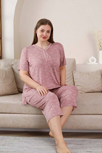ALİMER Women's Dusty Rose V-Neck Lace Detail Viscose 3 Button Short Sleeve Summer Plus Size Capri Pajamas