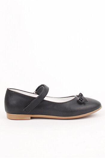 Rıdvan Çelik Bowknot Girl's Daily and Evening Dress Ballerina Shoes Black Skin Tan Sole