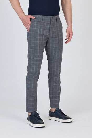 Frappoli Ecmio Men's Navy Plaid Linen Look Slim Spring-Summer Slim Fit Pantalon