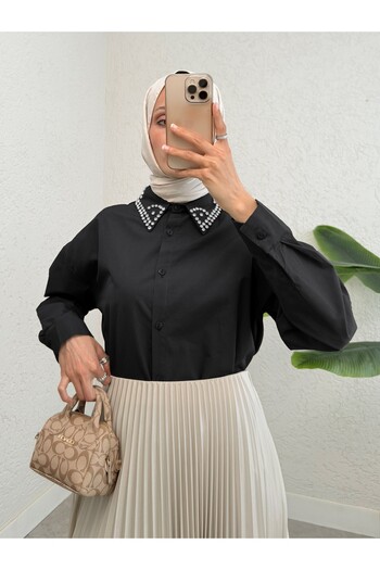 Modamorfo Buttoned Casual Shirt with Stone Detail on the Collar - Black