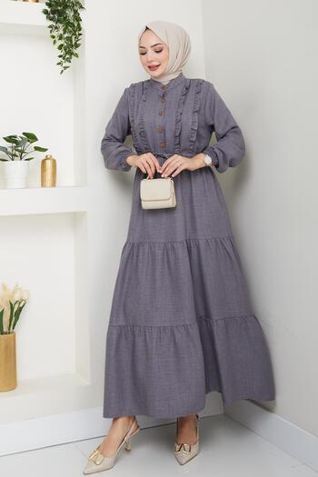 HARMAN BUTİK Women's Ruffle Detailed Buttoned Gray Linen Dress