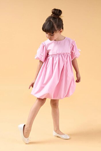 Magu Girls' Cotton Bow Balloon Sleeve Dress