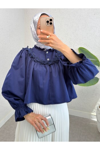 Modamorfo Floral Detailed Shirt with Elastic Sleeves - Navy