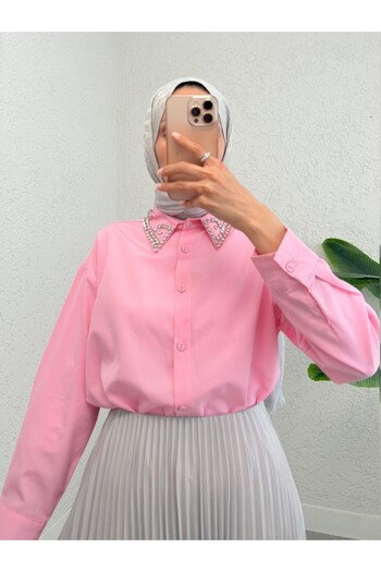 Modamorfo Buttoned Casual Shirt with Stone Detail on the Collar - Pink