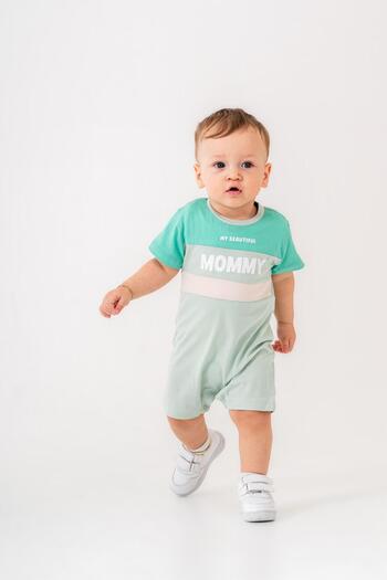 Magu Baby Boy Cotton Mint Green Romper with "My Beautiful Mommy" Written - Short Sleeve