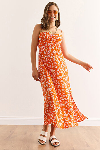 Olalook Women's Orange Strap Adjustable Front Gathered Woven Viscose Dress Elb-19002438