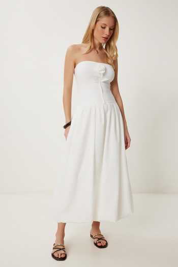 Happiness İstanbul Women's Ecru Stretchy Knitted Top Dress with Balloon Skirt Pb00031
