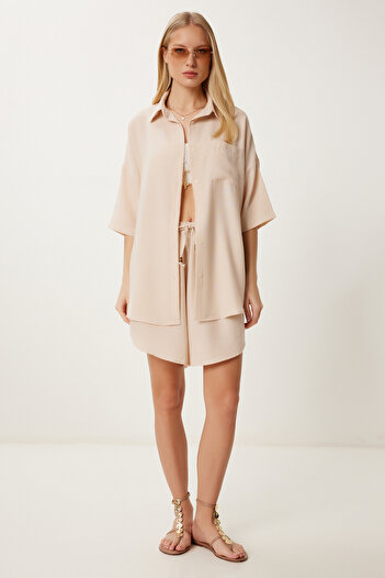 Happiness İstanbul Women's Beige Linen Blended Shirt Shorts Set Dz00124