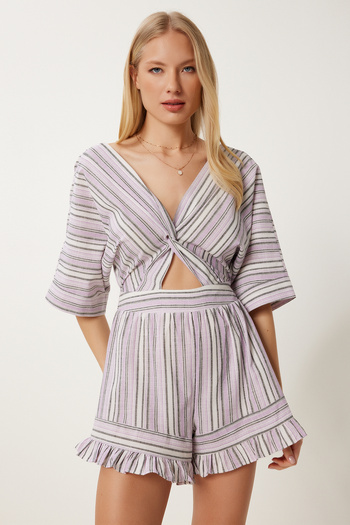 Happiness İstanbul Damen-Jumpsuit aus gestreiftem Leinen in Bone Lilac Lİ00119