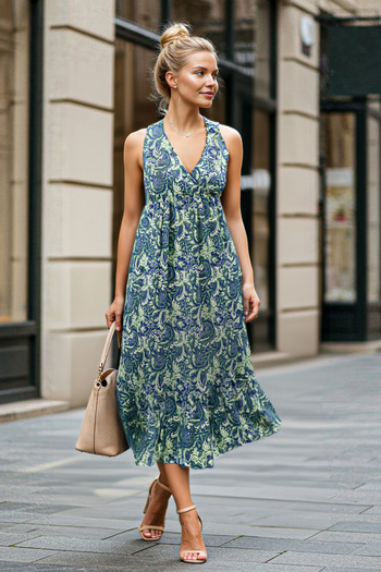 Trendyol Collection Μπλε έθνικ εμπριμέ φούστα με λαιμόκοψη με βολάν, κορδόνι, ελαστικό μάξι πλεκτό φόρεμα TWOSS25EL00093