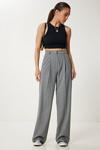 Happiness İstanbul Women's Gray Pleated Pocket Woven Palazzo Trousers Us00978