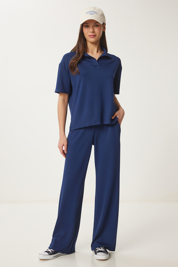 Happiness İstanbul Marineblaues Damen-Set mit gestricktem Oberteil und Polokragen AN00231