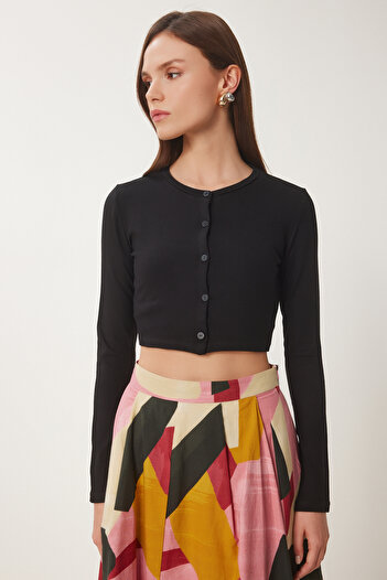 Happiness İstanbul Kadın Siyah Çilek Örme Crop Bolero Hırka UB00384