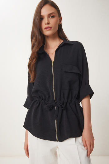 Happiness İstanbul Women's Black Drawstring Zippered Crinkle Jacket Dd01349