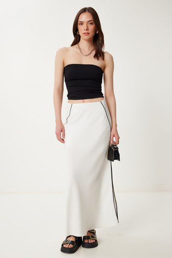 Happiness İstanbul Women's Ecru Stripe Detailed Slit Modal Skirt Ns00425