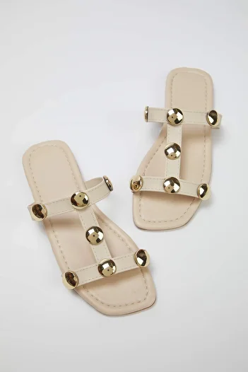 TRENDYOL SHOES Beige Gold Accessory Detailed Square Toe Stylish Women's Slippers Takss25Te00012