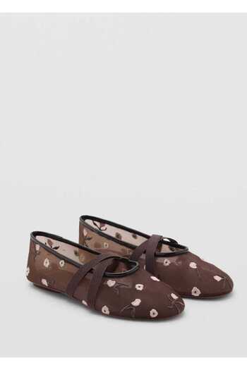 MANGO Woman Ballerinas with Cross Straps and Flower Embroidery