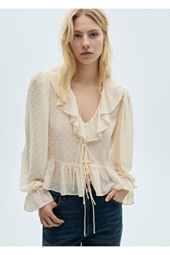 MANGO Woman Blouse with Frilly Lace-Up