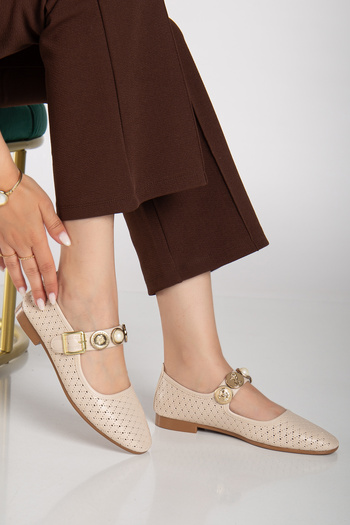 Genetti Keilly Large Stone Buckle Detailed Beige Skin Full Mold Daily Women's Ballerinas