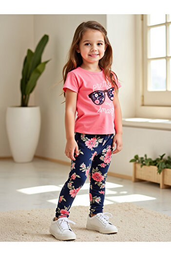 Take Two By Styli Kids Pink Short Sleeve Floral Printed Leggings Set Pack of 2