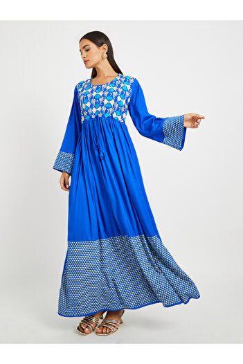Maxim Creation By Styli Blue Geometric Print Embroidered Yoke Jalabiya
