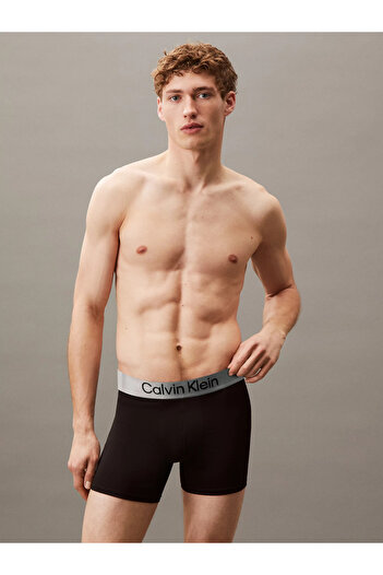 Calvin Klein Erkek Rahat Esnek Kumaş Beli Logolu Elastik Bantlı 3'lü Siyah Boxer LV00NB4124-VSB